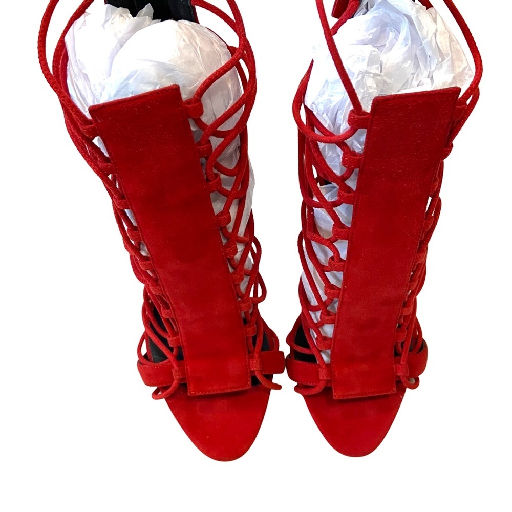 NWOB Giuseppe Zanotti Red Suede Zoey Cage Sandal Stiletto Heels Size 8 - Picture 7 of 11